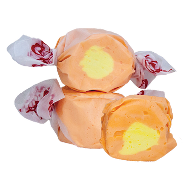 Mango Taffy by Taffy Town – tropical orange color salt water taffy candy with a creamy yellow center, bursting with juicy mango flavor in every bite.